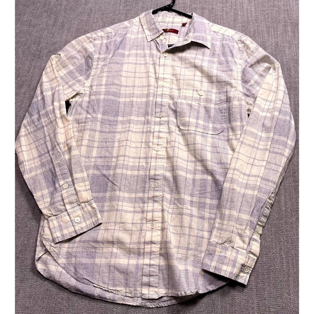 7 For All Mankind Shirt Men Medium Blue White Plaid Long Sleeve Button Up Casual